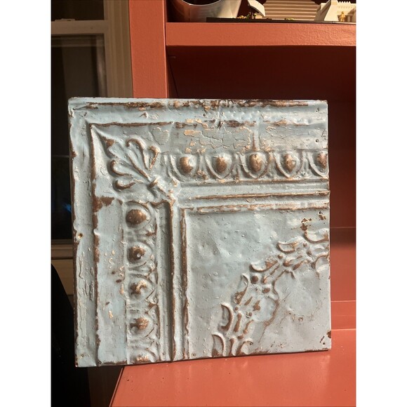 Antique Blue Ceiling Metal Tin Tile Vtg Wood Backing Cottagecore 12” X 12” - Picture 1 of 2